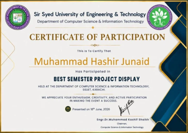 Best Semester Project Display certificate