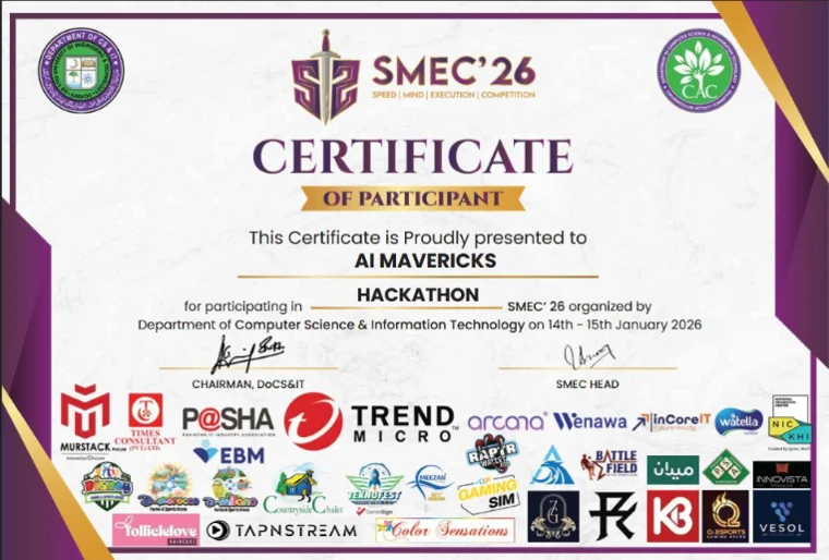 AI Hackathon — SMEC'26, Team 'AI Mavericks' certificate