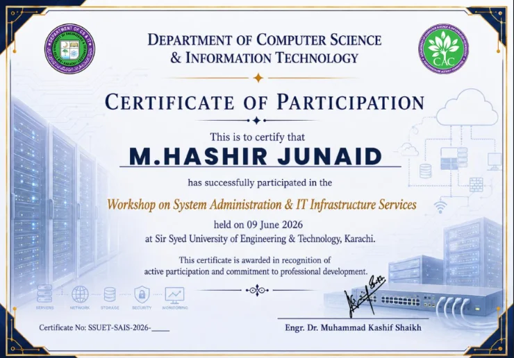 System Administration & IT Infrastructure Workshop certificate — SSUET